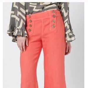 *NWT*ANTHROPOLOGIE ELEVENSES CORAL LINEN HIGH RISE WIDE LEG SAILOR PANTS size 6